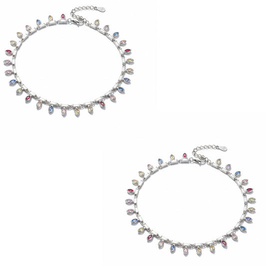 Silver Dazzling Rainbow Multi-colored Marquise Anklet