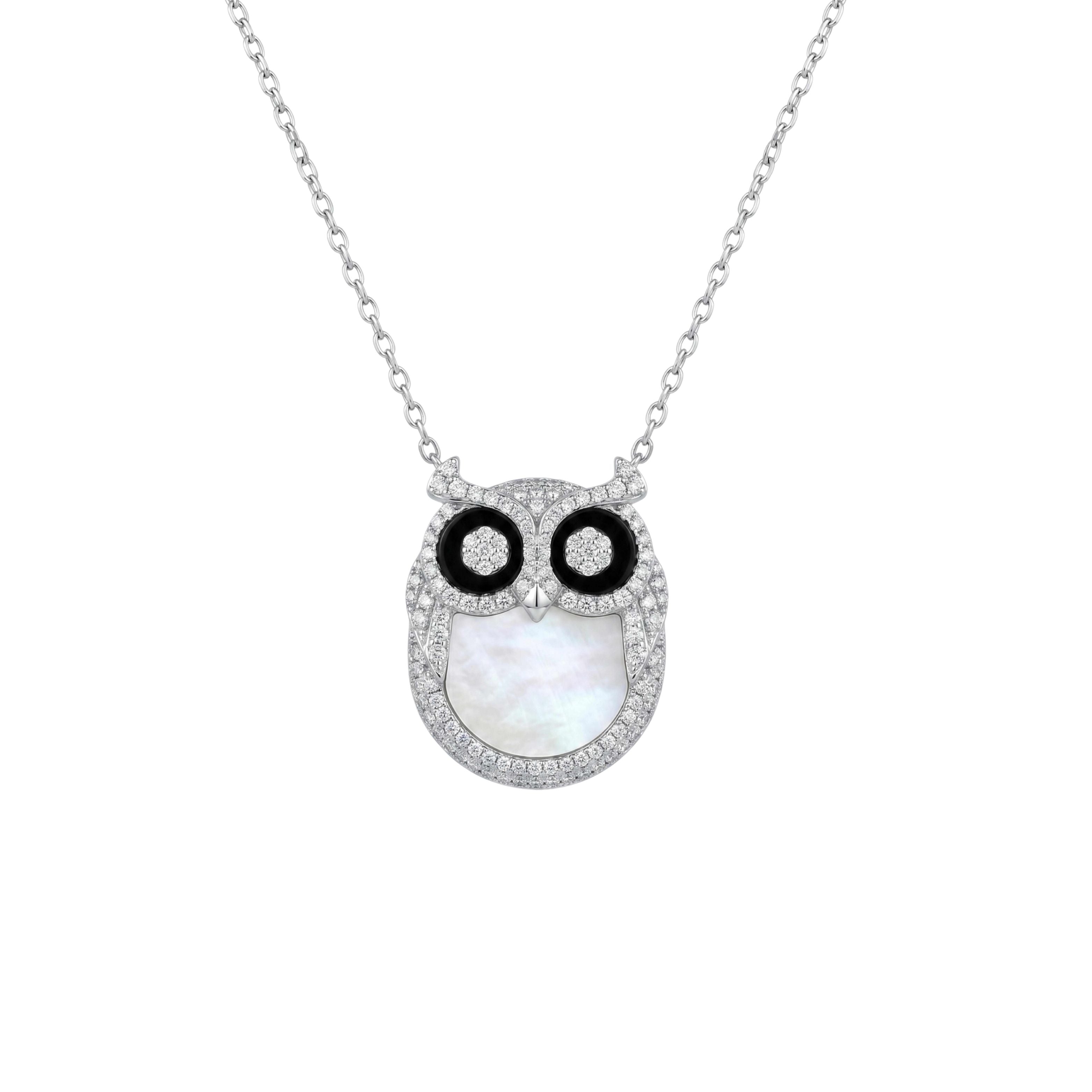 Owl-shaped necklace with black and white details on a white background for women