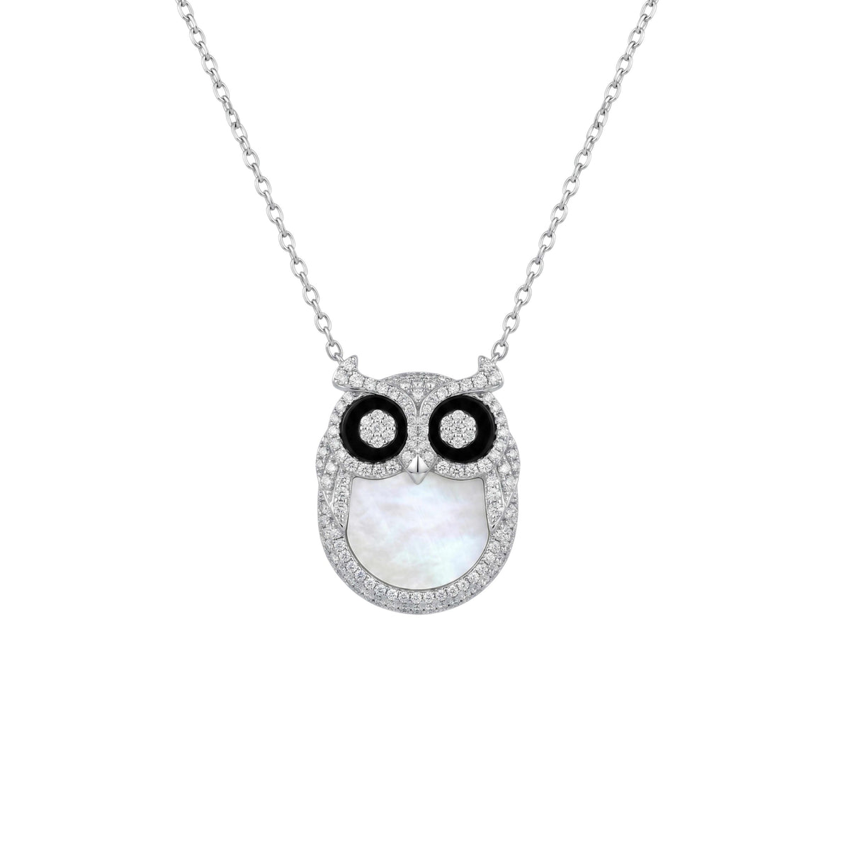 Owl-shaped necklace with black and white details on a white background for women