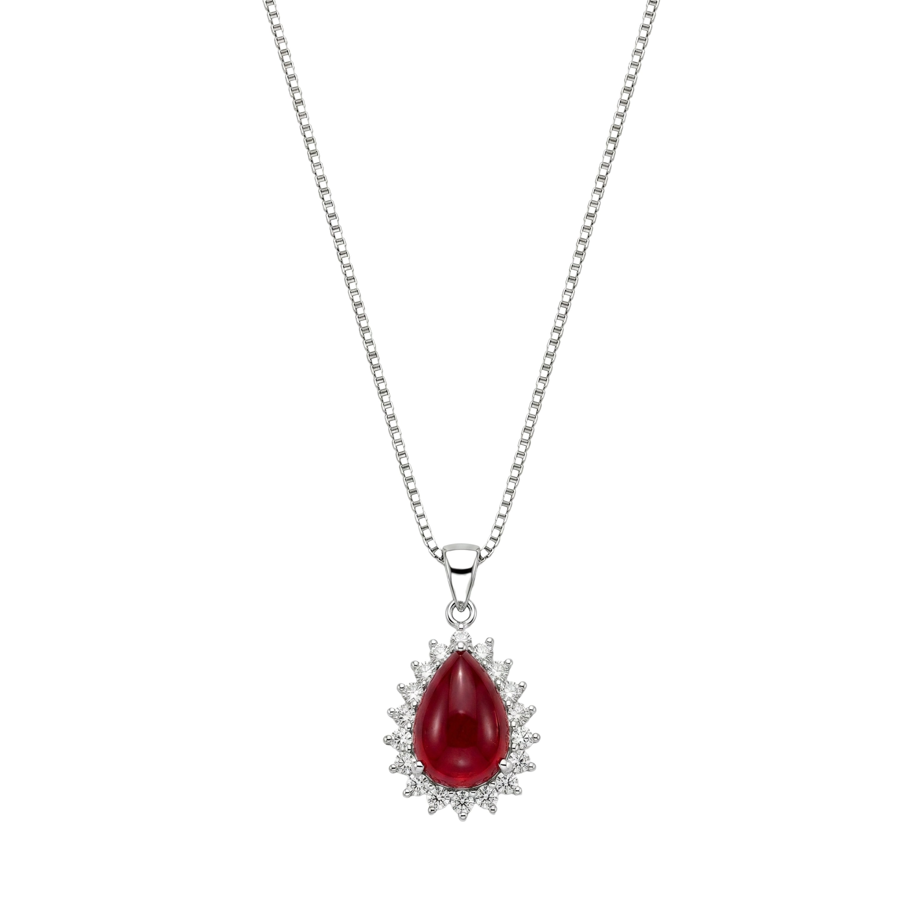 Red teardrop pendant with silver chain for women