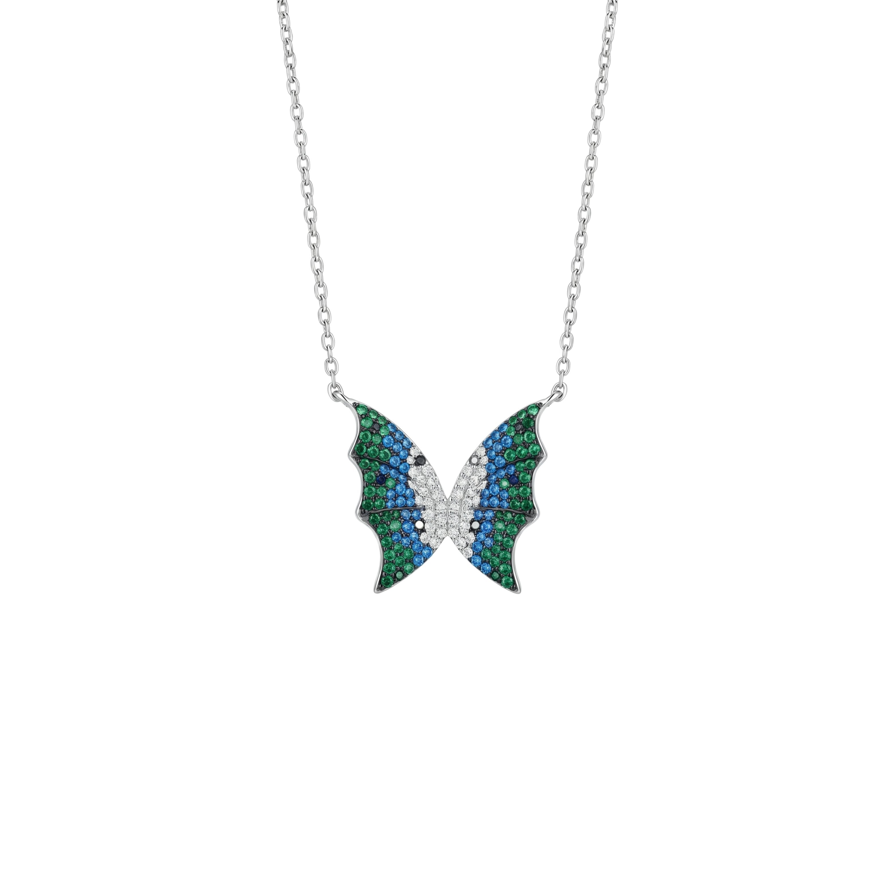 Butterfly-shaped necklace with green and blue gemstones 925 silver pendant for women 