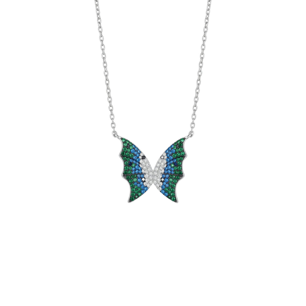 Butterfly-shaped necklace with green and blue gemstones 925 silver pendant for women 