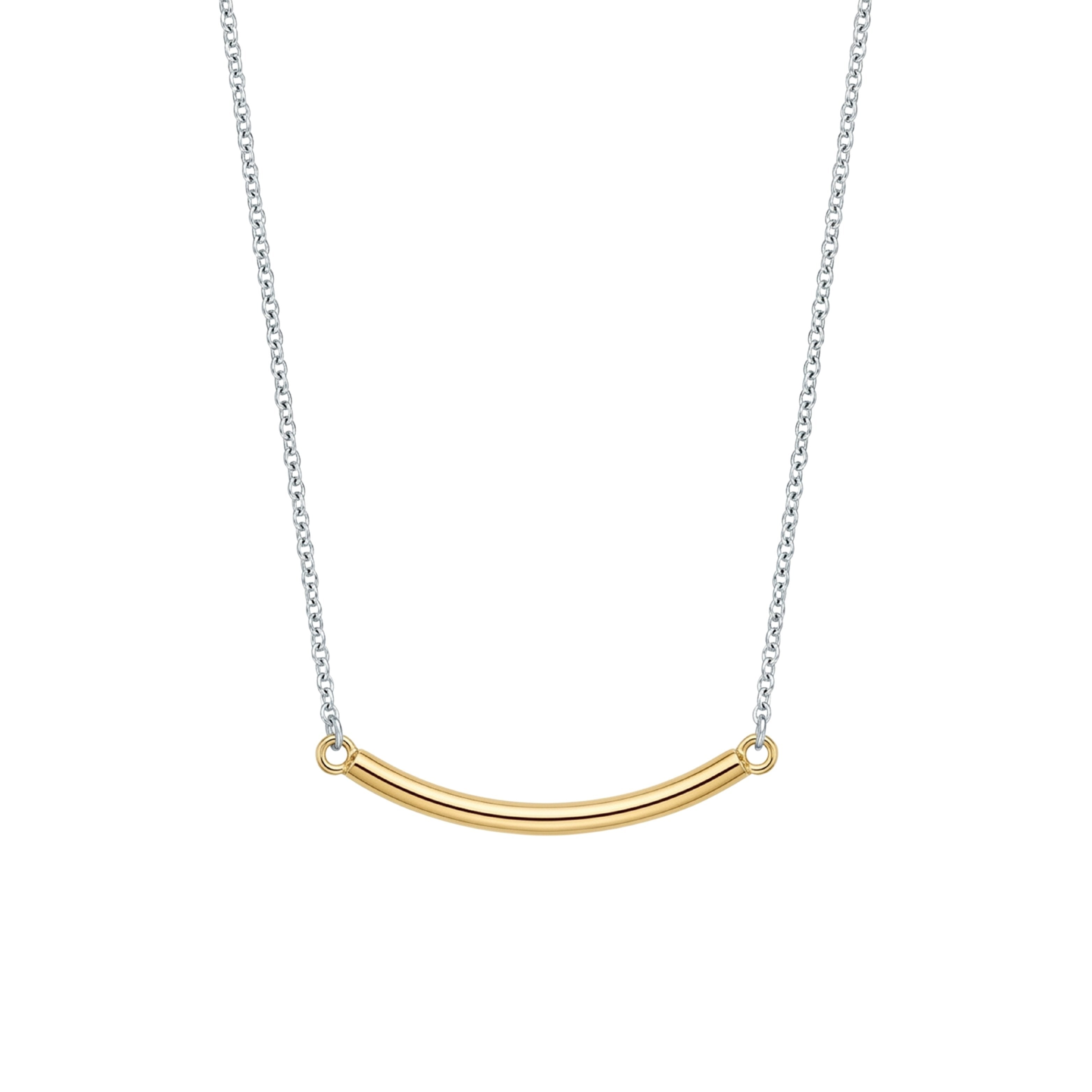 Gold curved pendant necklace on a white background