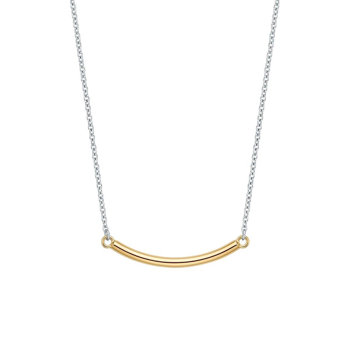 Gold curved pendant necklace on a white background