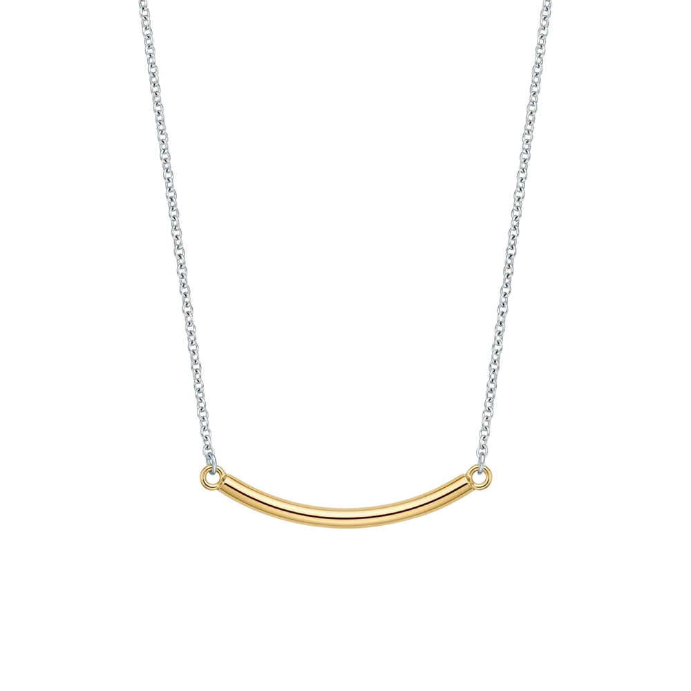 Gold curved pendant necklace on a white background
