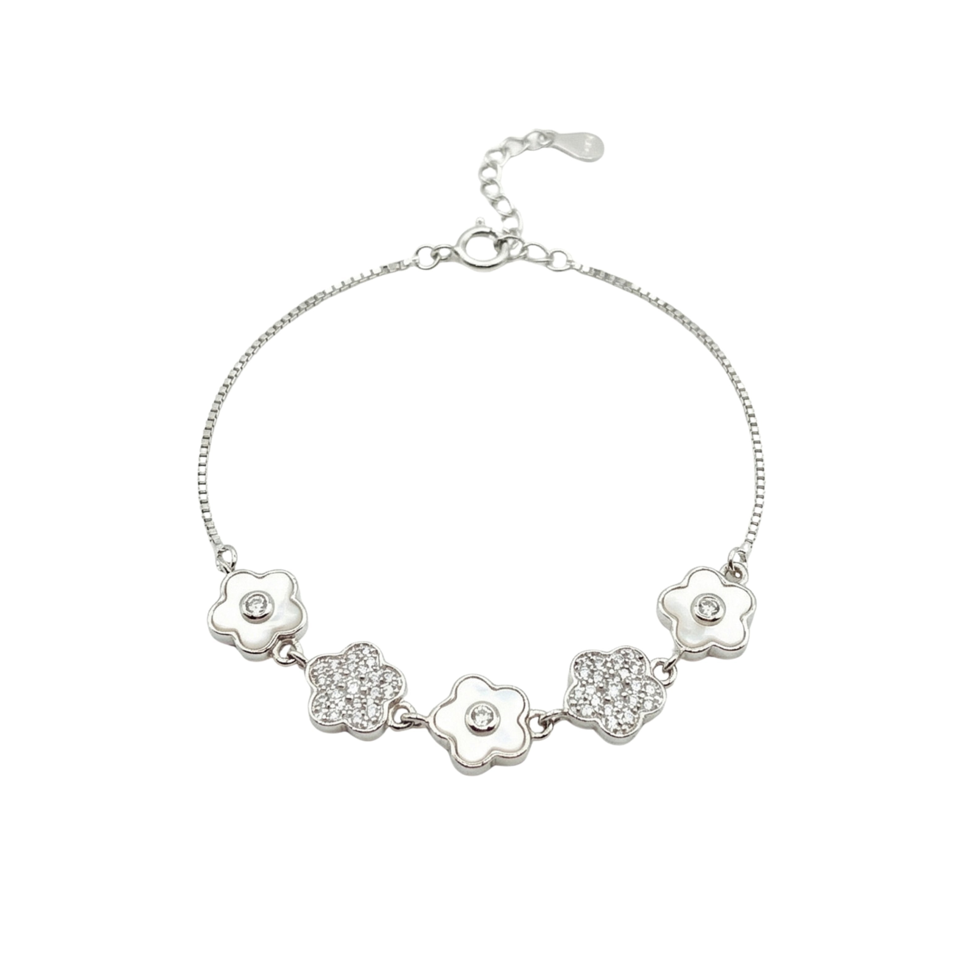 Silver Cute Flower Design Chain Bracelet With MOP & CZ Diamonds
