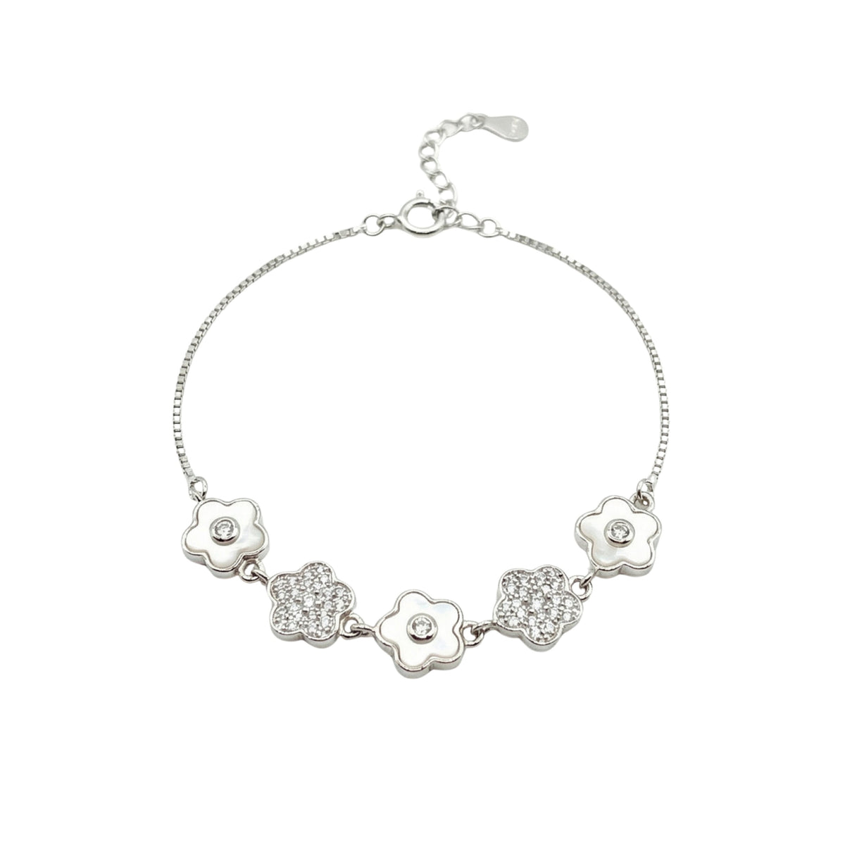 Silver Cute Flower Design Chain Bracelet With MOP & CZ Diamonds