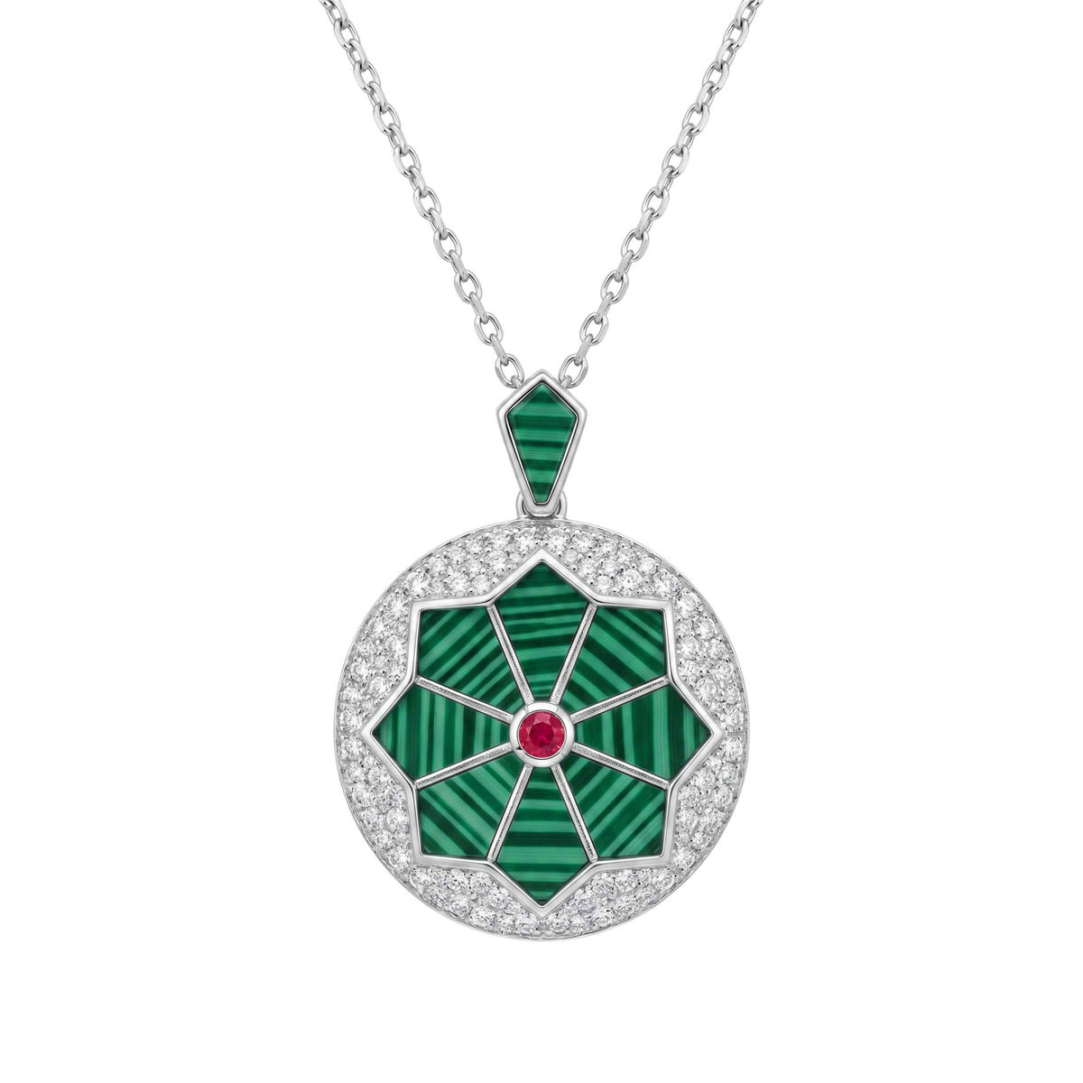Jewelry necklace with a green pendant and red gemstone on a white background for women