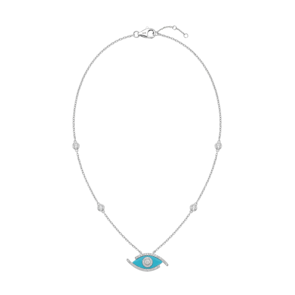 Necklace with a blue turquoise eye pendant on a white background