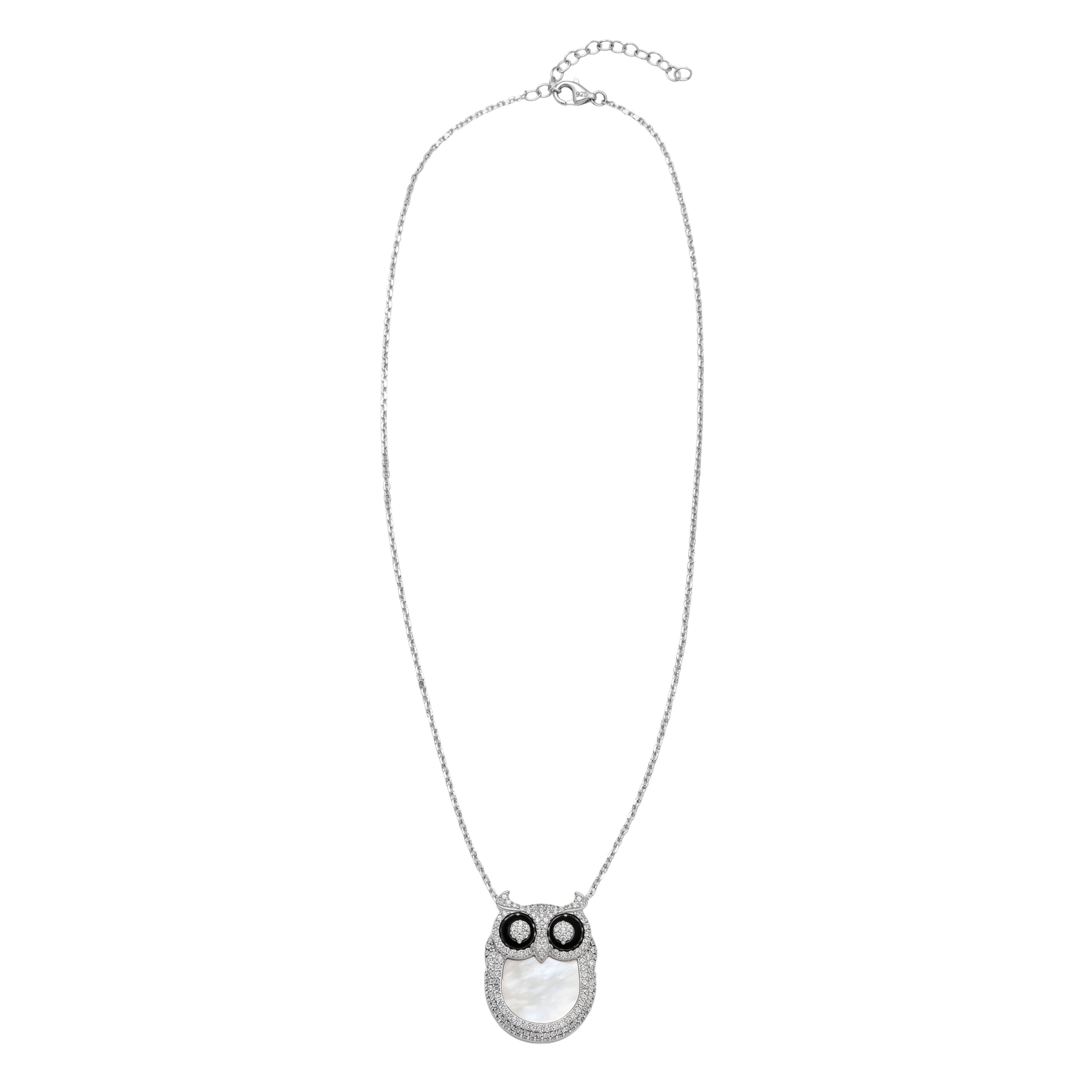 Silver Wise Owl Necklace pendant with Mother of Pearl and CZ