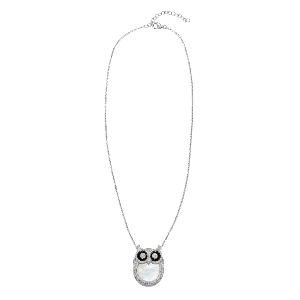 Silver Wise Owl Necklace pendant with Mother of Pearl and CZ