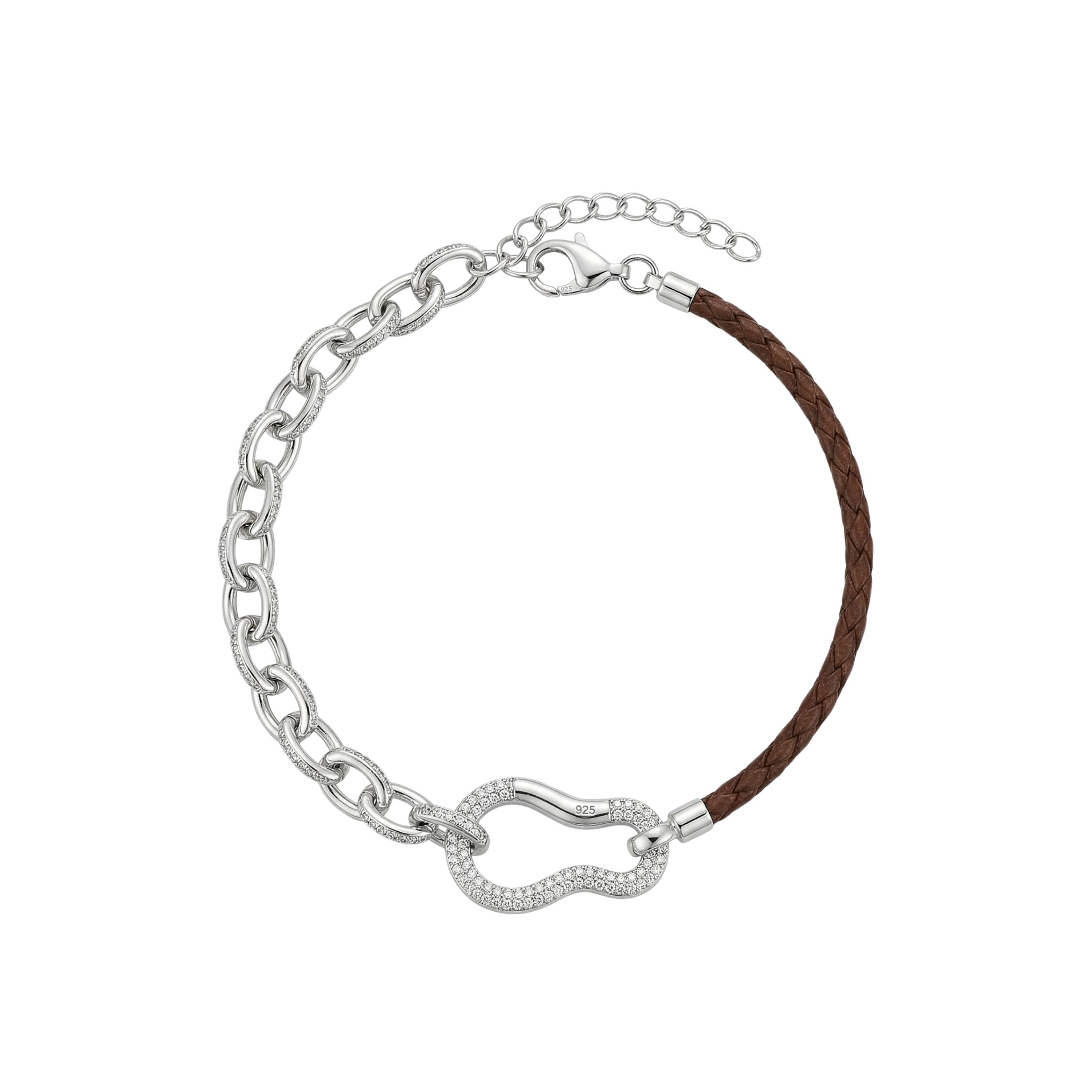 925 Silver Pave Link & Braided Leather Statement Bracelet