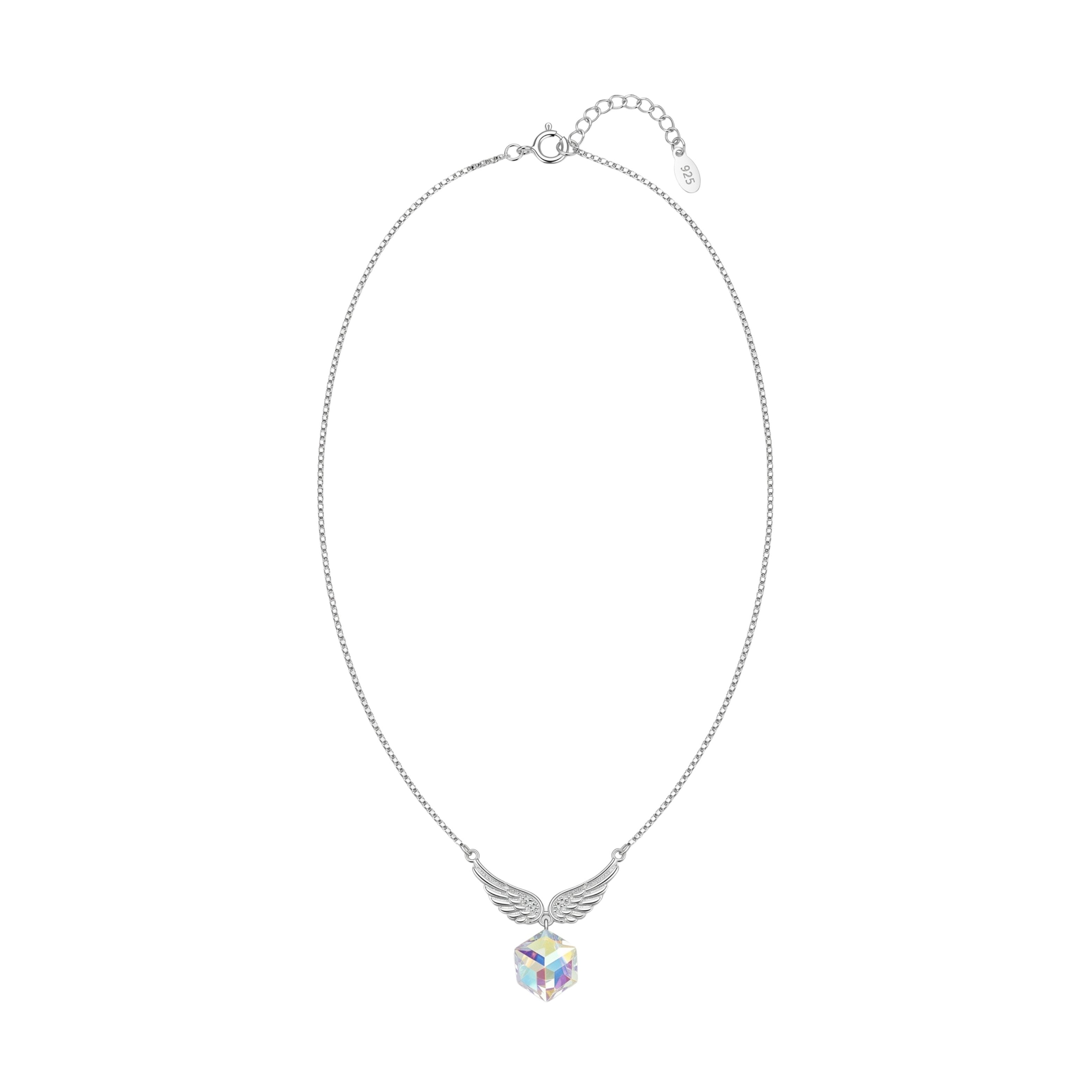 Silver Angel wings Sparkling Rainbow Crystal Pendant Necklace