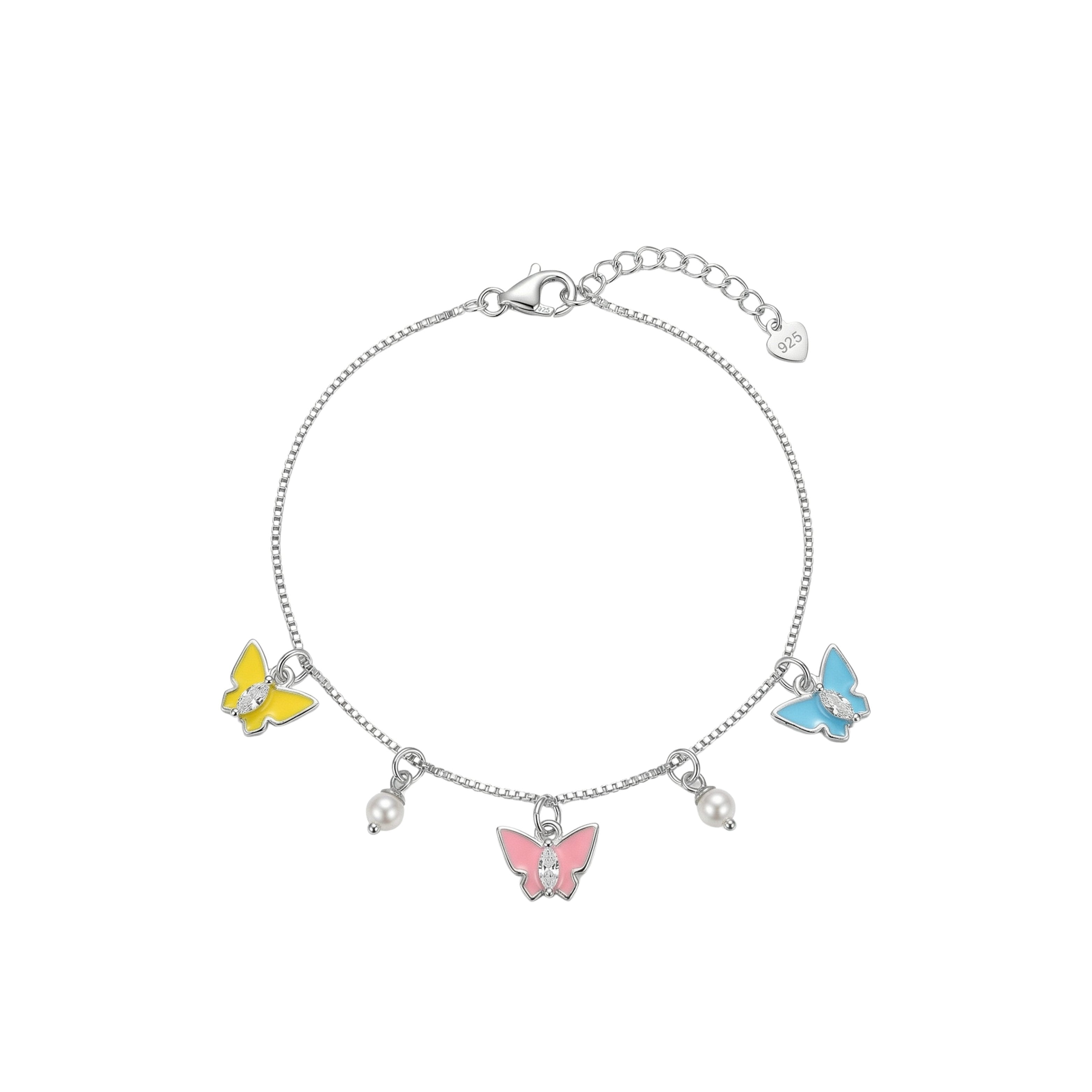 Silver Butterfly Charm Bracelet with Enamel & Pearl Drops