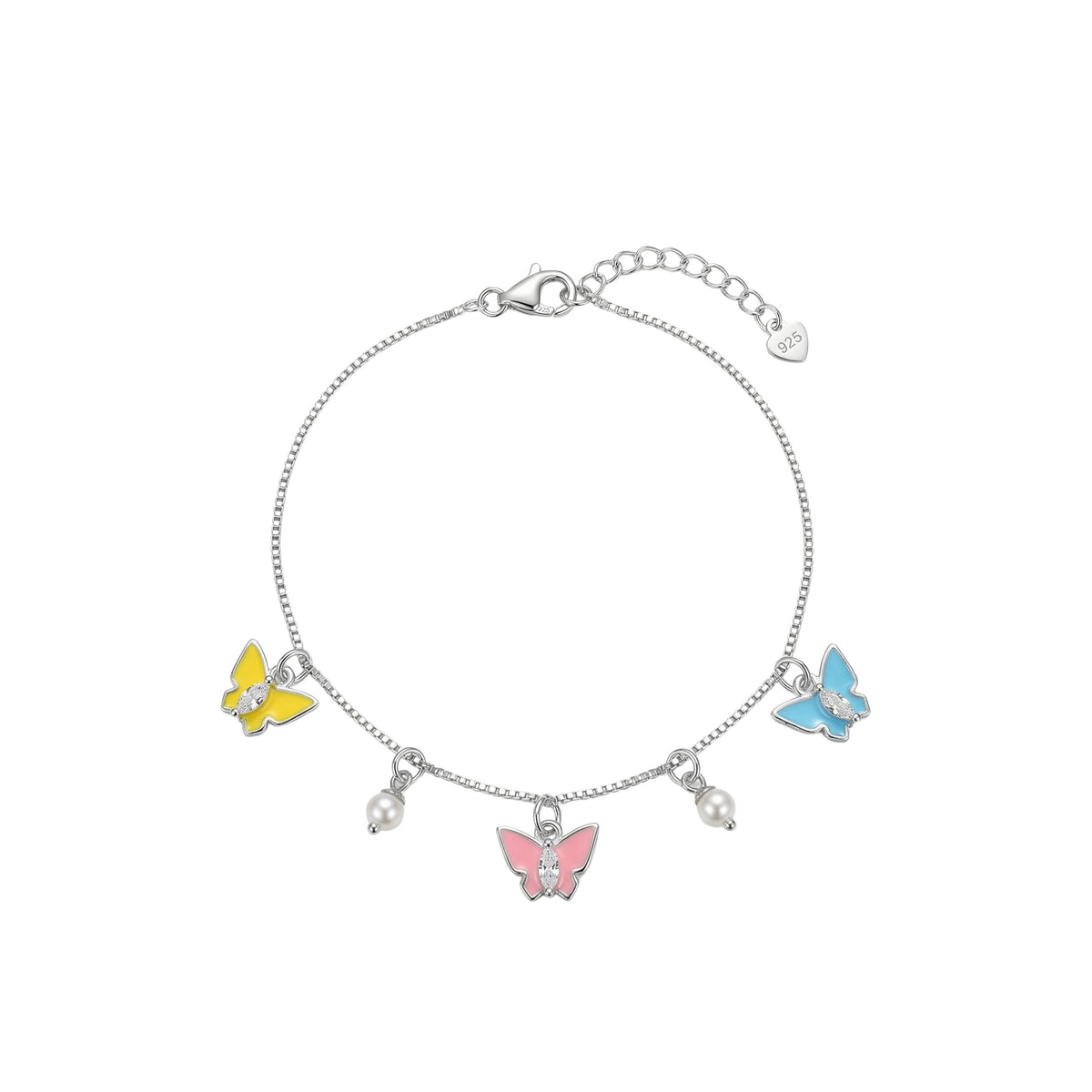 Silver Butterfly Charm Bracelet with Enamel & Pearl Drops
