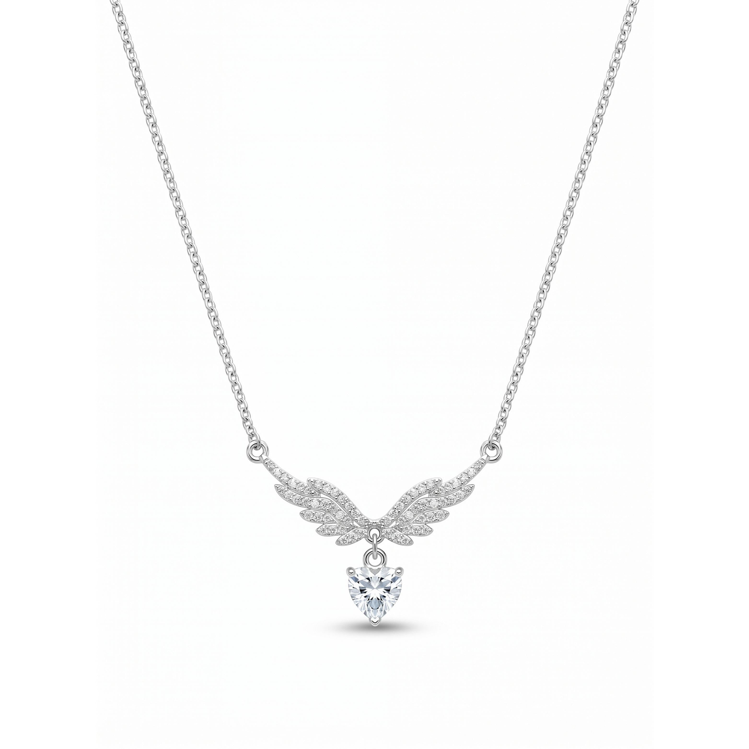 Silver Angel Wings Heart Chain Pendant