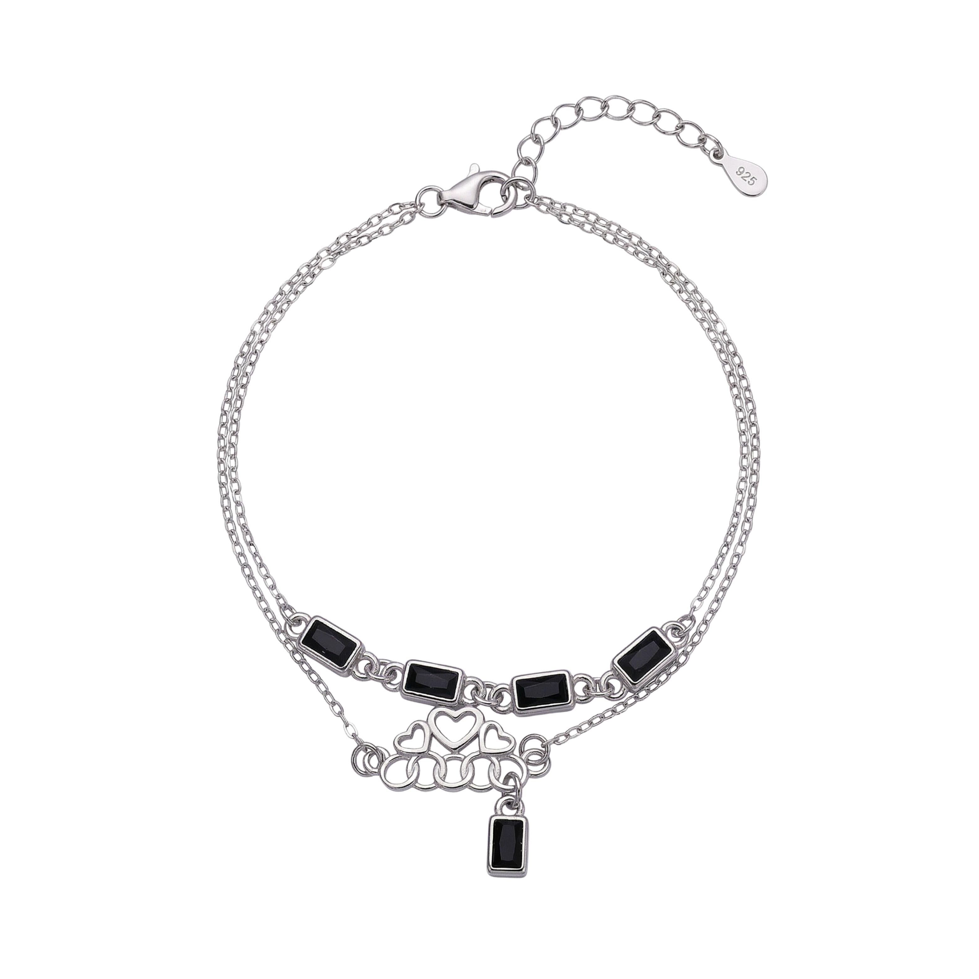 Silver Double Layered Bracelet With Black Baguette And Heart charms