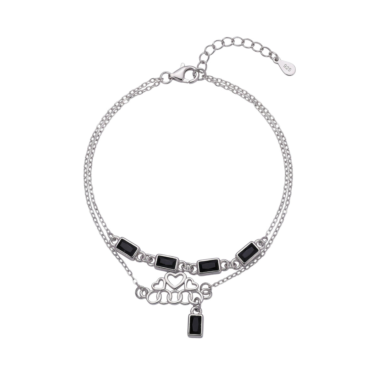 Silver Double Layered Bracelet With Black Baguette And Heart charms
