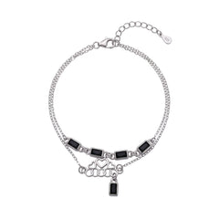 Silver Double Layered Bracelet With Black Baguette And Heart charms