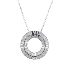 Pure 925 Silver necklace with a circular clock pendant with roman numerals on it 