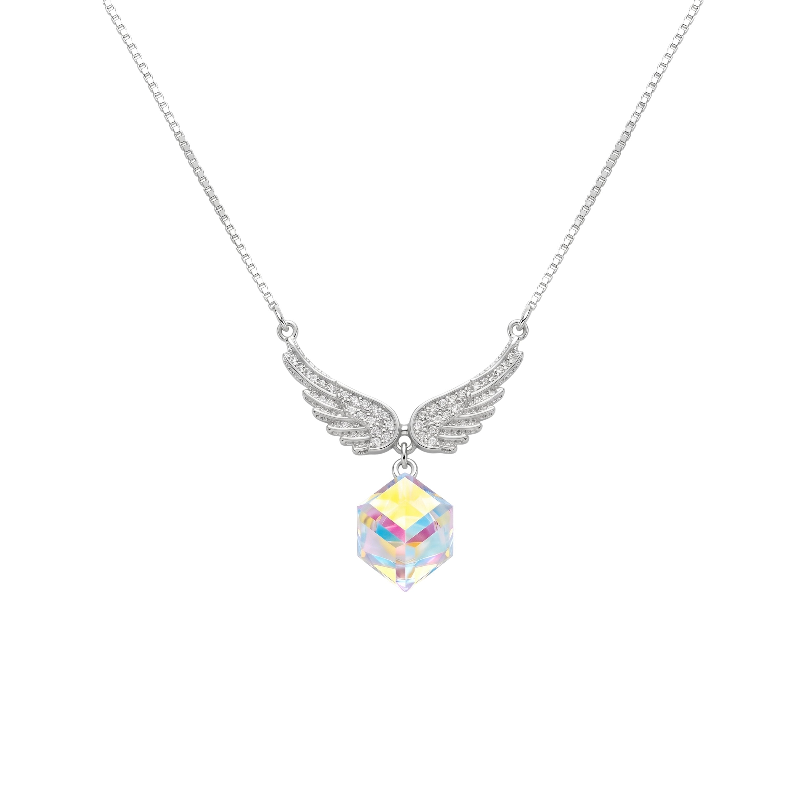 Silver Angel wings Sparkling Rainbow Crystal Pendant Necklace