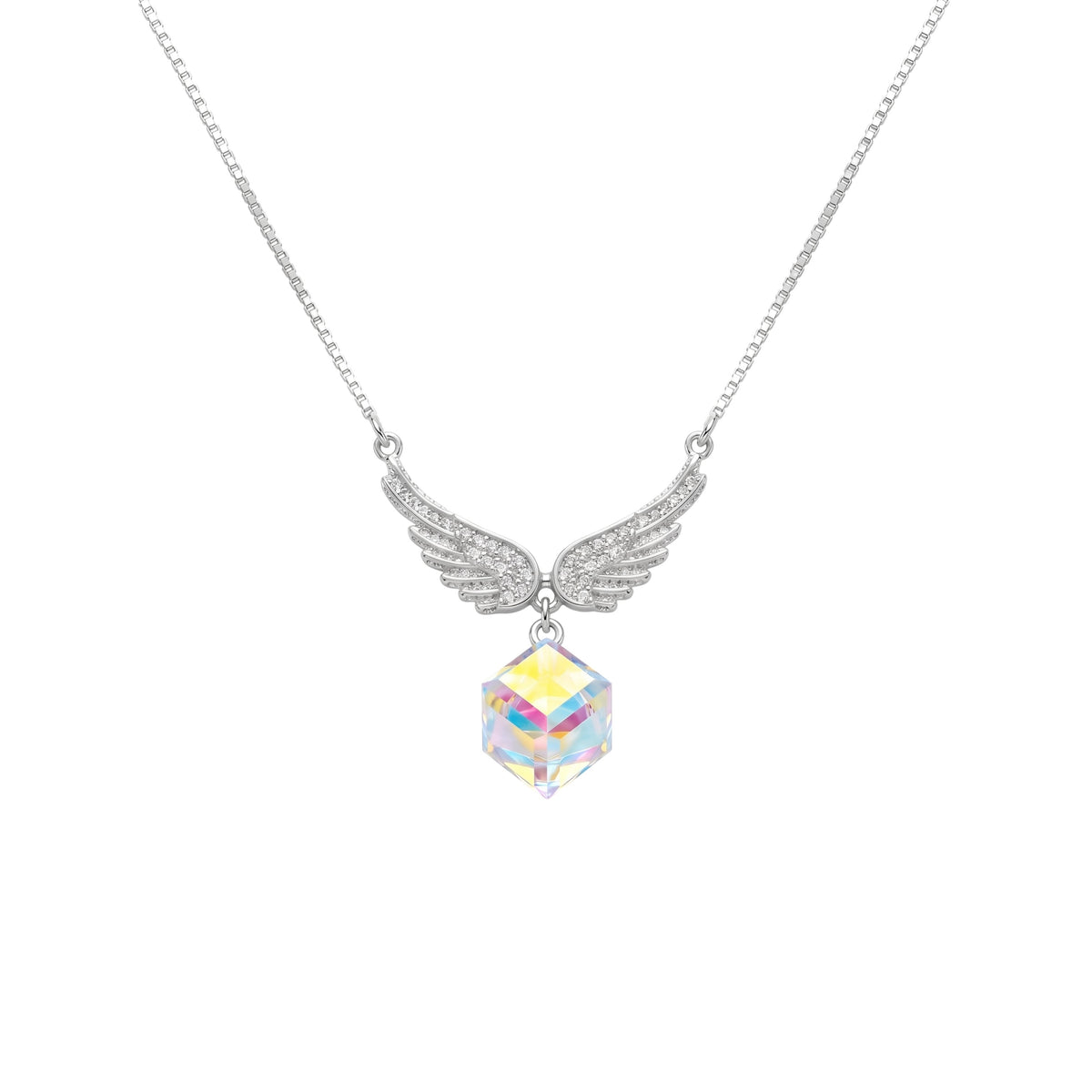 Silver Angel wings Sparkling Rainbow Crystal Pendant Necklace