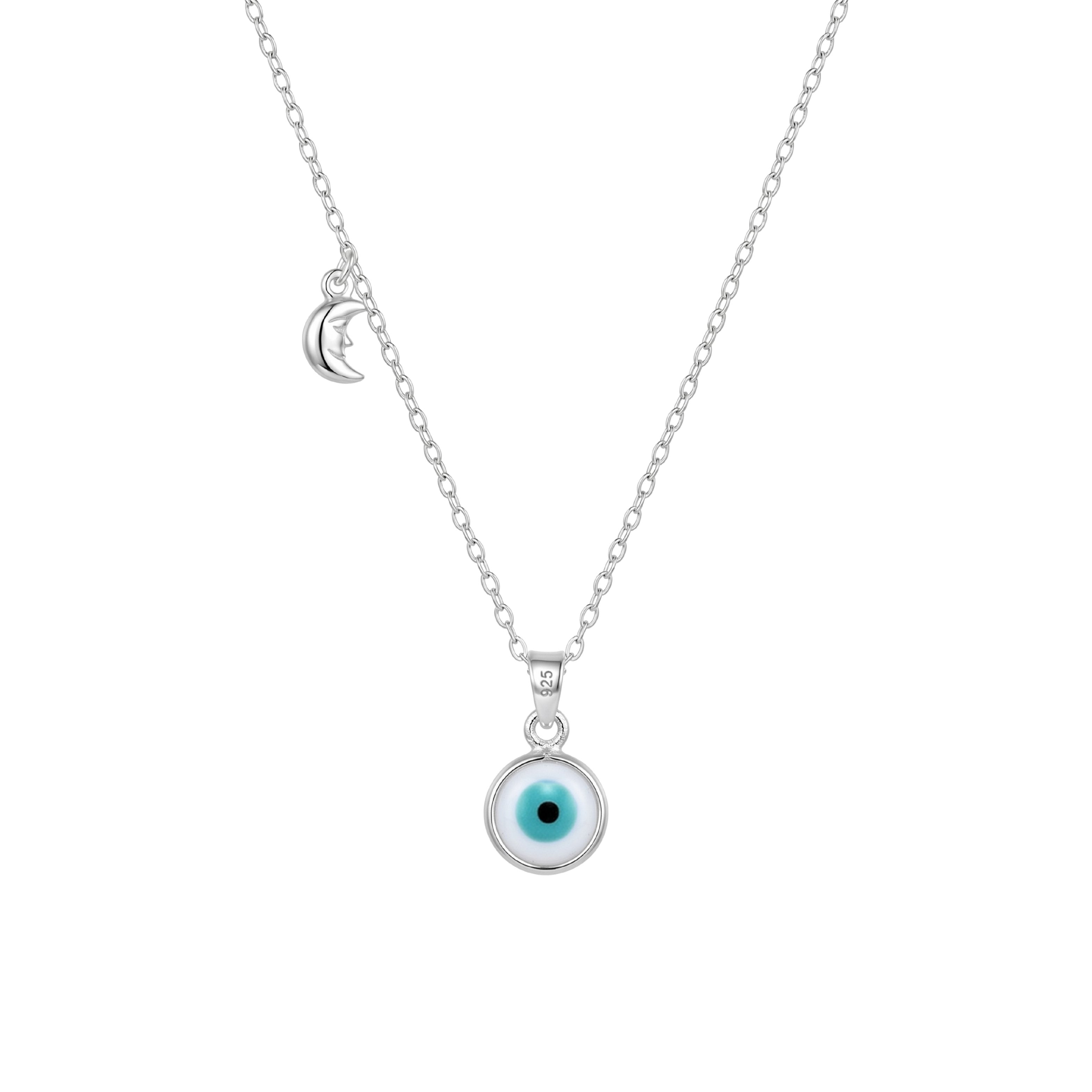 Silver necklace with a blue eye pendant on a white background