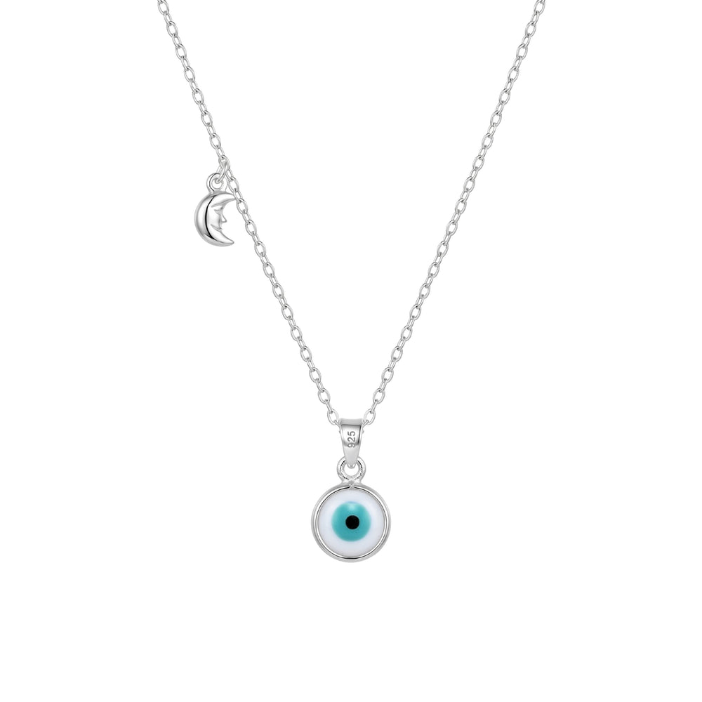 Silver necklace with a blue eye pendant on a white background