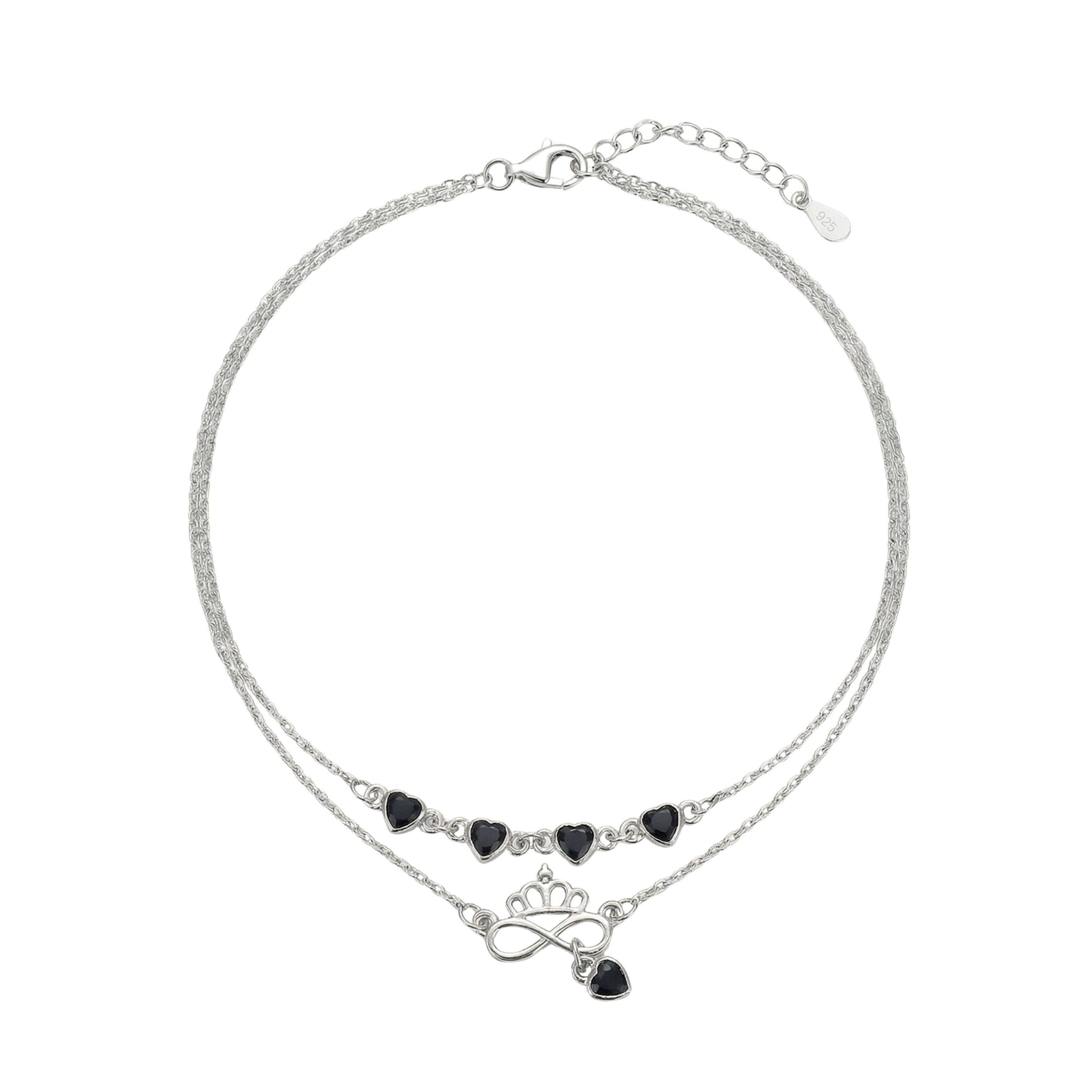 Silver Double Layered Black Heart Charm Bracelet with Crown Infinity
