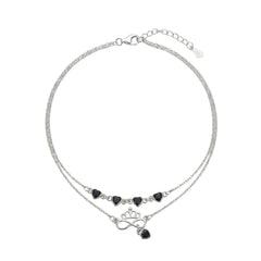 Silver Double Layered Black Heart Charm Bracelet with Crown Infinity