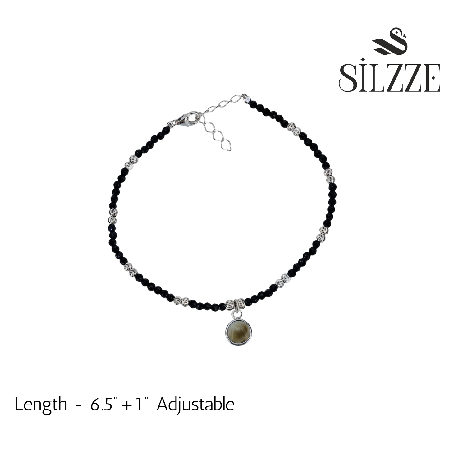 Silver Sleek Charm Black Beads Bracelet
