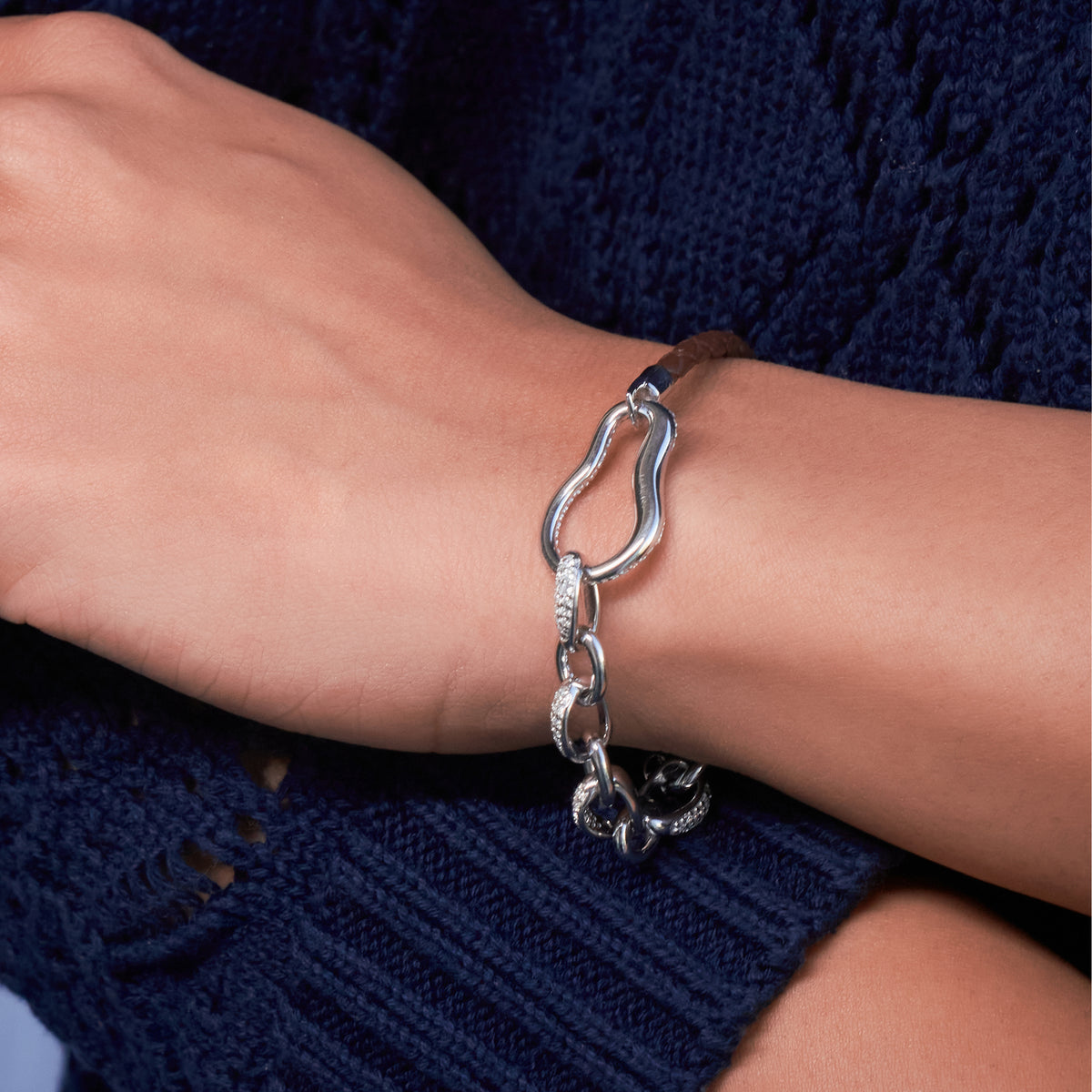 925 Silver Pave Link & Braided Leather Statement Bracelet