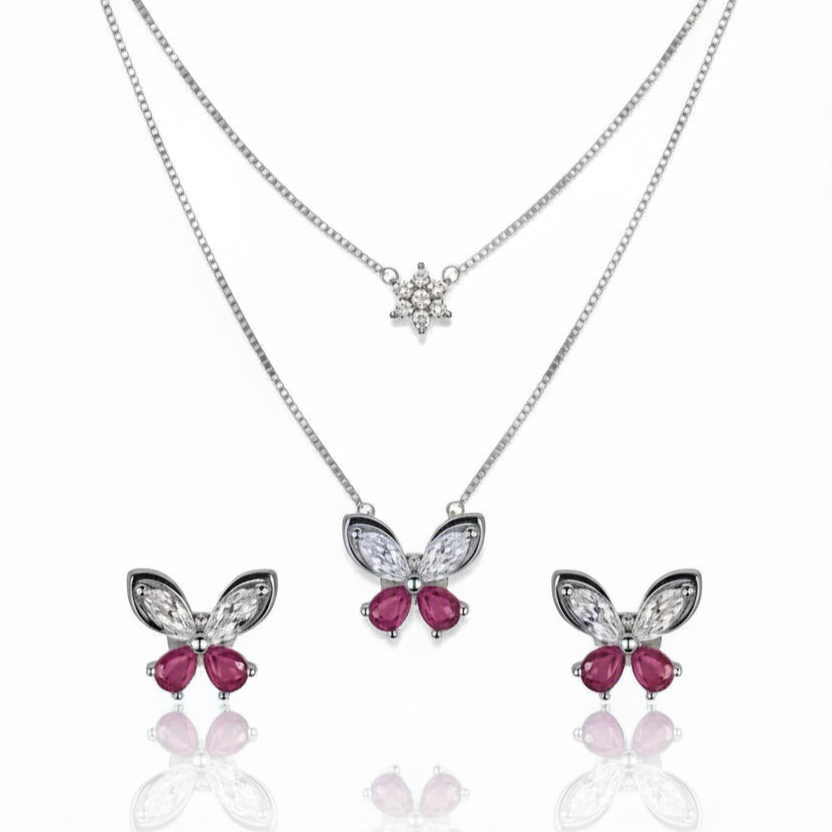 Silver Dainty Butterfly & Starburst Pendant Set