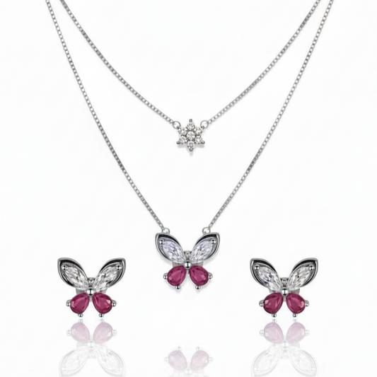 Silver Dainty Butterfly & Starburst Pendant Set