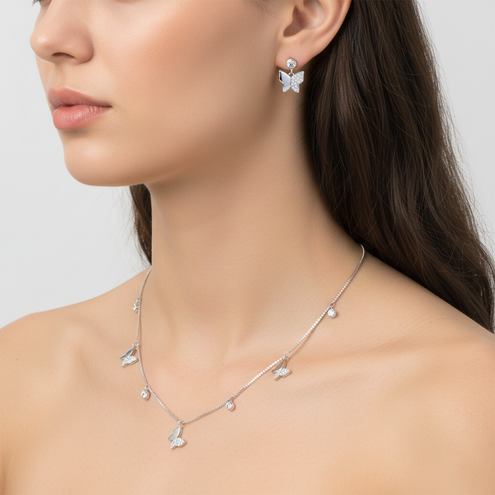 Silver Elegant Butterfly Pave Necklace