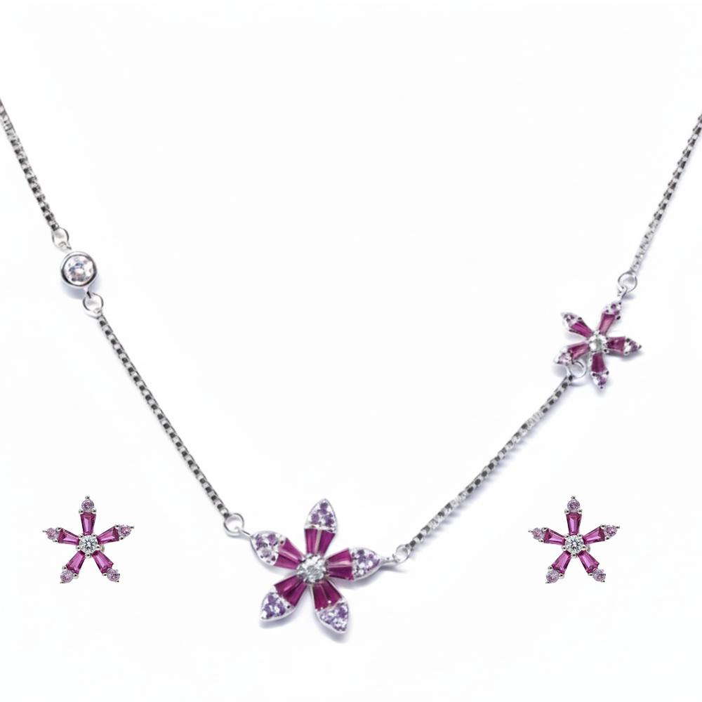 Silver Radiant Pink Floral Pendant Set