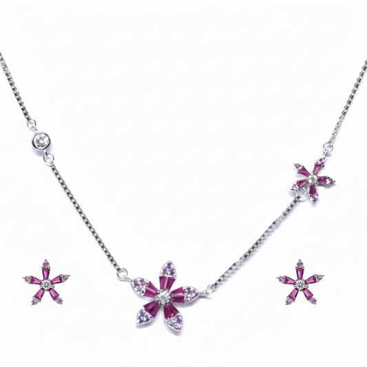 Silver Radiant Pink Floral Pendant Set