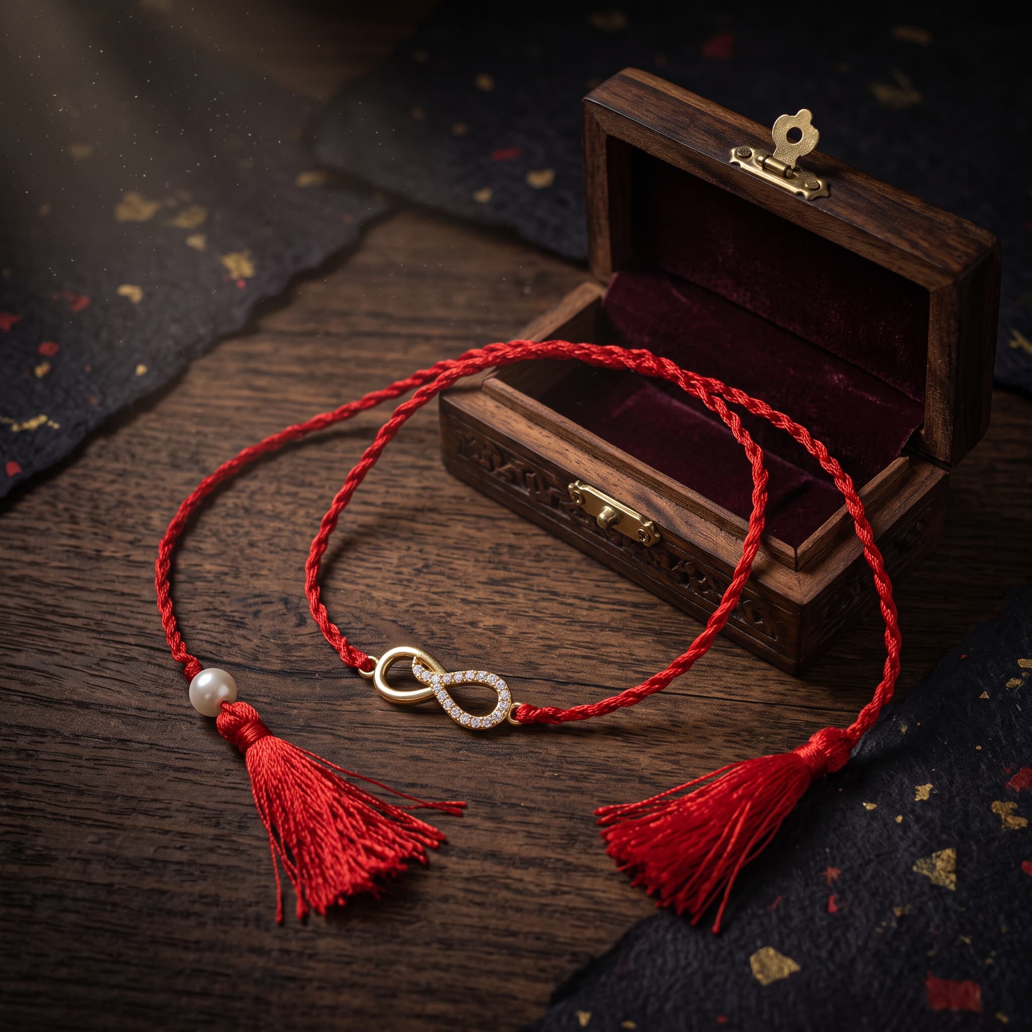 A red braided cord bracelet with a gold infinity symbol, a small white pearl bead, and red tassels, displayed next to an open wooden jewelry box on a dark wooden surface.