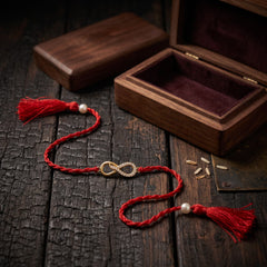 A red braided cord bracelet with a gold infinity symbol centerpiece, white pearl beads, and red tassels, displayed on a dark rustic wooden surface next to an open wooden presentation box.