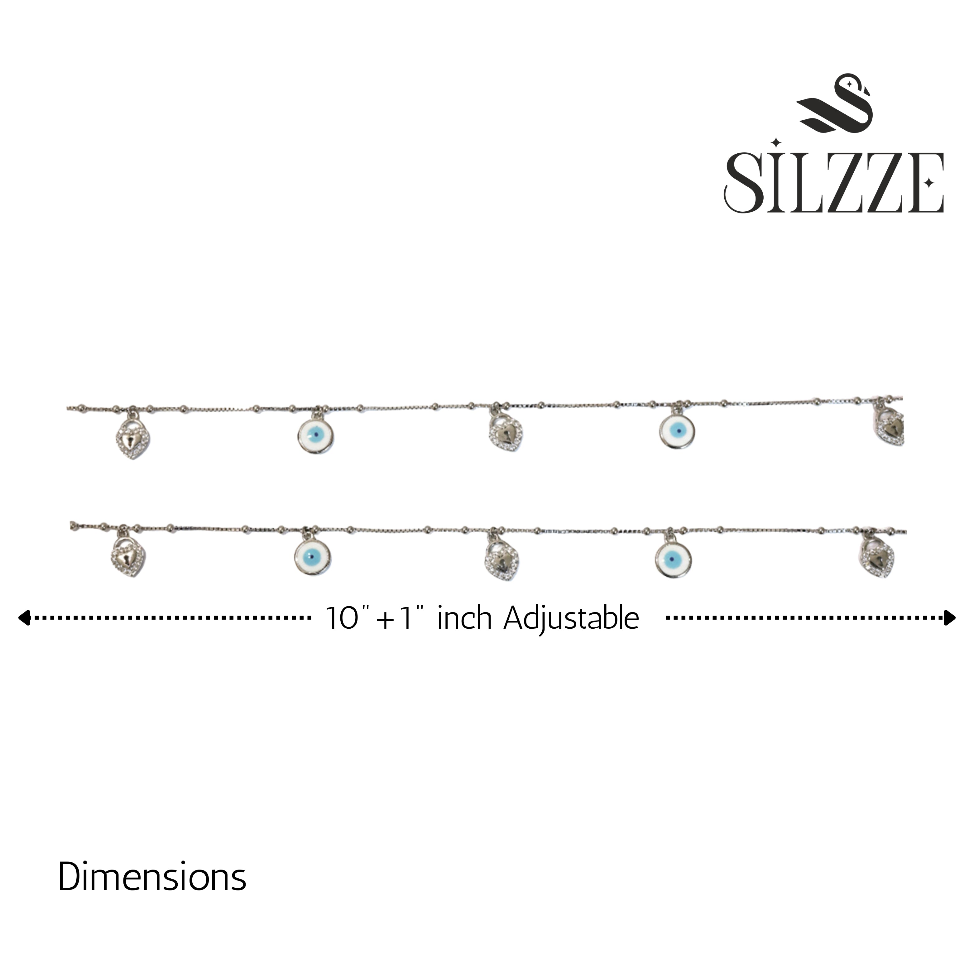 925 Silver Heart Padlock and Evil Eye Charm Anklet