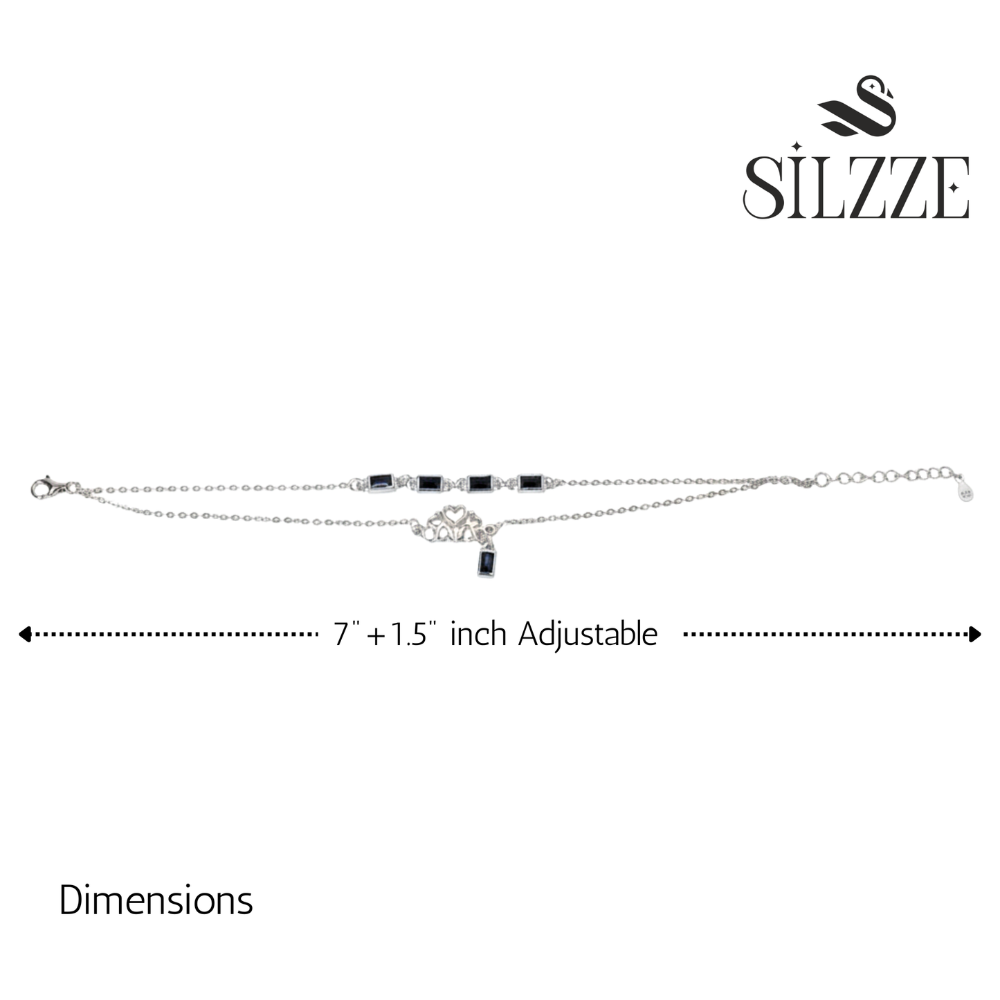 Silver Double Layered Bracelet With Black Baguette And Heart charms