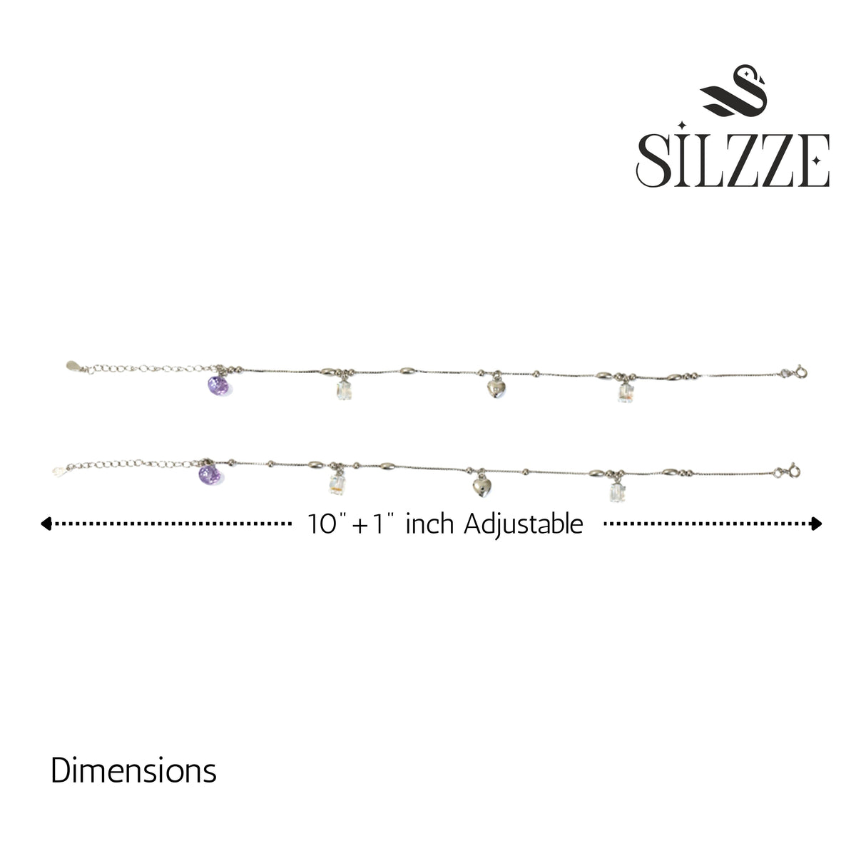 Silver Lilac crytal and heart Charm Anklet for her