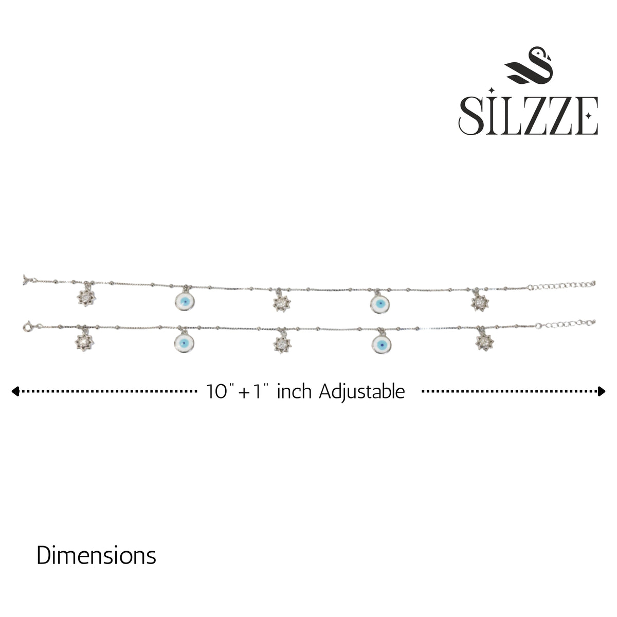 Silver Evil eye and Sun charms Anklet