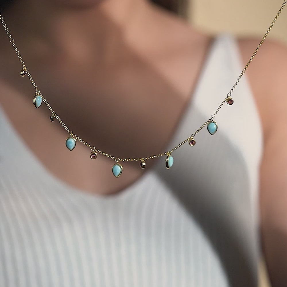 Celestial Larimar & Pink Tourmaline 925 Pure Silver Necklace