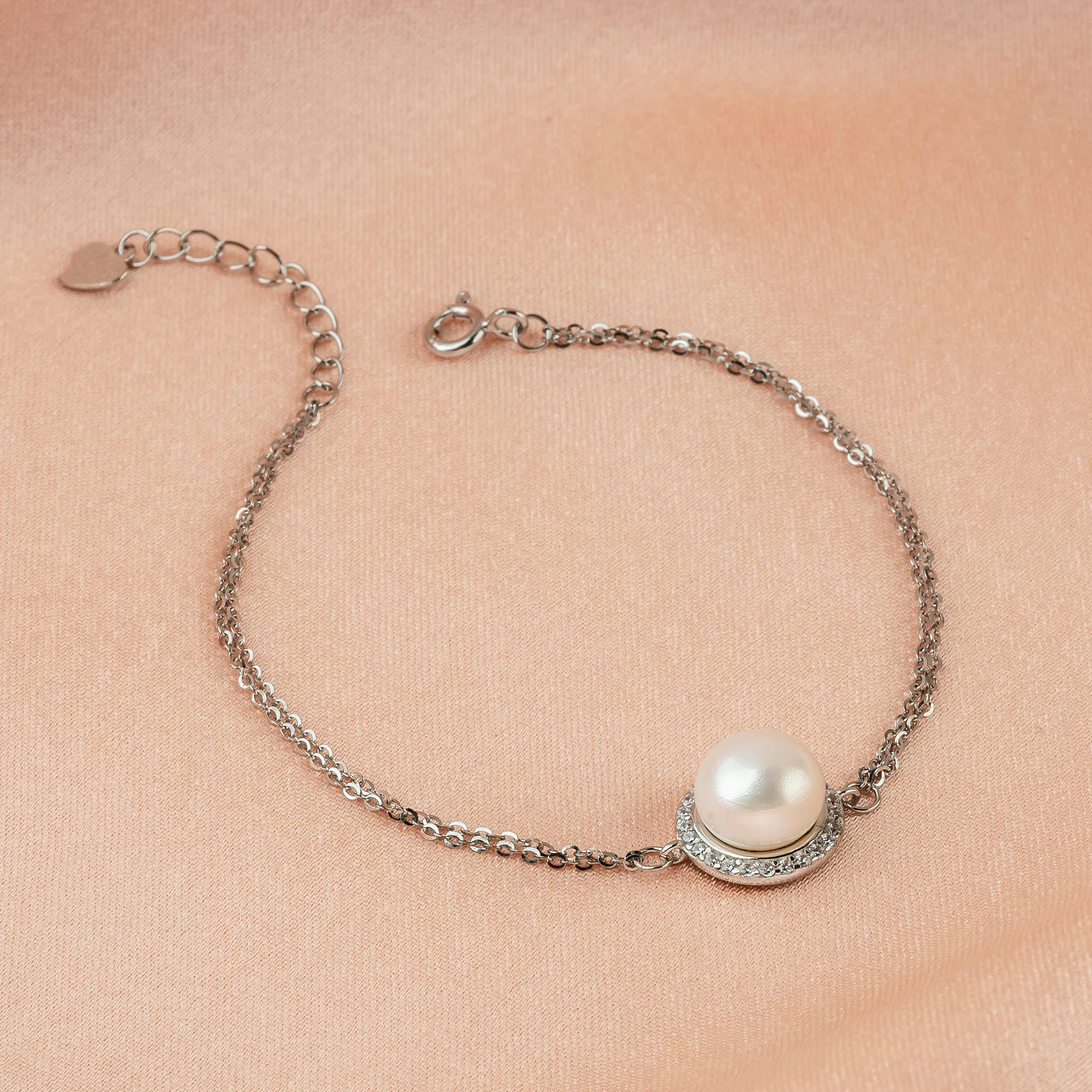 Sterling Silver Radiant Halo Pearl Double-Chain Bracelet